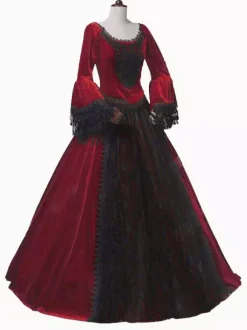 Burgundy Retro Tudor Dress Costumes Women's Marie Antoinette Costume Lace Lace Polyester Tunic Dress Retro Masquerade Ball Gown