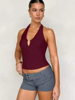 Burgundy Cami Top Halter Lace Up Buttons Chic Women Camis