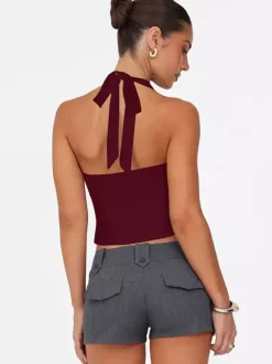 Burgundy Cami Top Halter Lace Up Buttons Chic Women Camis