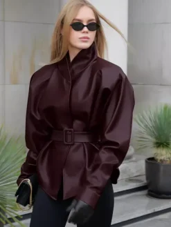 Burgundy Faux Leather Women's Belted Jacket - High Neck Cinch Waist Peplum - Mob Wife Spring Chic Streetwear 2026