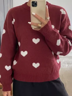 Burgundy Heart Pattern Crew Neck Sweater Long Sleeve Loose Casual Fall Winter Pullover