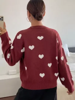 Burgundy Heart Pattern Crew Neck Sweater Long Sleeve Loose Casual Fall Winter Pullover