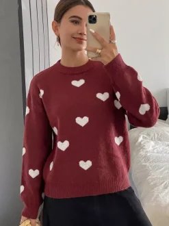 Burgundy Heart Pattern Crew Neck Sweater Long Sleeve Loose Casual Fall Winter Pullover
