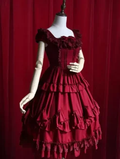Burgundy Lolita Dress Ruffles Cotton Dress for Women