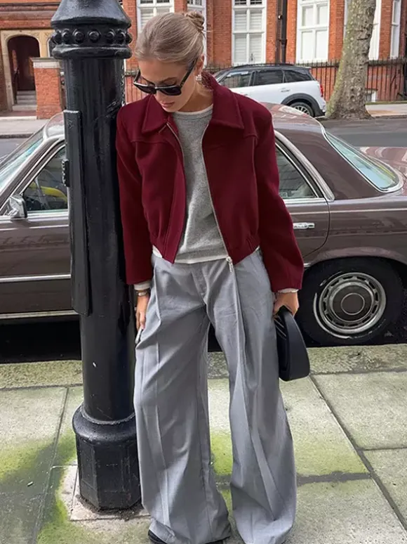 Burgundy Red Women's Cropped Jacket - Chic Turn Down Collar Zip Up Elastic Hem - Spring Casual Streetwear 2026
