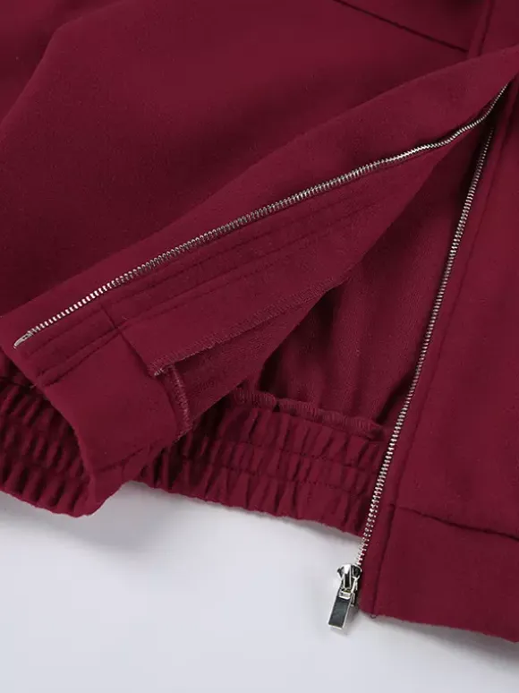 Burgundy Red Women's Cropped Jacket - Chic Turn Down Collar Zip Up Elastic Hem - Spring Casual Streetwear 2026
