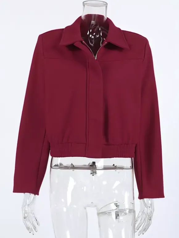 Burgundy Red Women's Cropped Jacket - Chic Turn Down Collar Zip Up Elastic Hem - Spring Casual Streetwear 2026