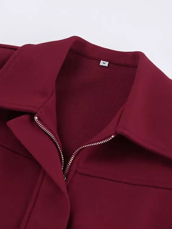 Burgundy Red Women's Cropped Jacket - Chic Turn Down Collar Zip Up Elastic Hem - Spring Casual Streetwear 2026