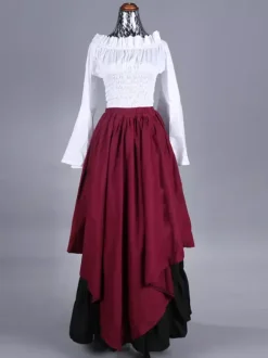 Burgundy Retro Costumes Ruffles Polyester Plaid Top Women's Marie Antoinette Costume Retro Set Party Prom Dress