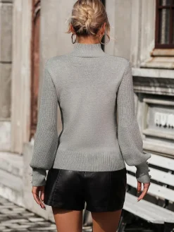 Burgundy Sweater High Collar Long Sleeves Ribbed Cuff Buttons Sweater