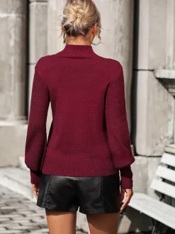 Burgundy Sweater High Collar Long Sleeves Ribbed Cuff Buttons Sweater