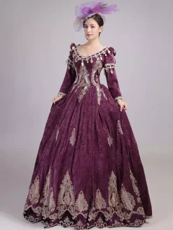 Burgundy Victorian Rococo Dress V-Neck Long Sleeves Ball Gown Dress