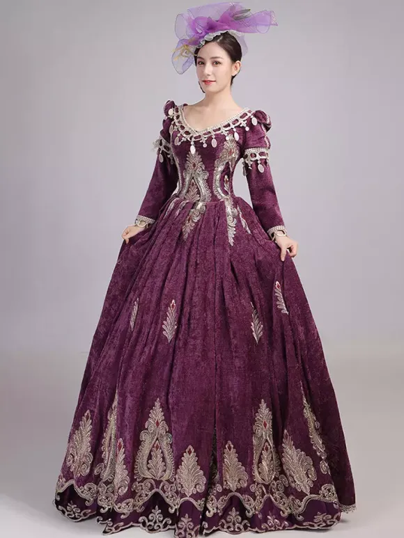 Burgundy Victorian Rococo Dress V-Neck Long Sleeves Ball Gown Dress