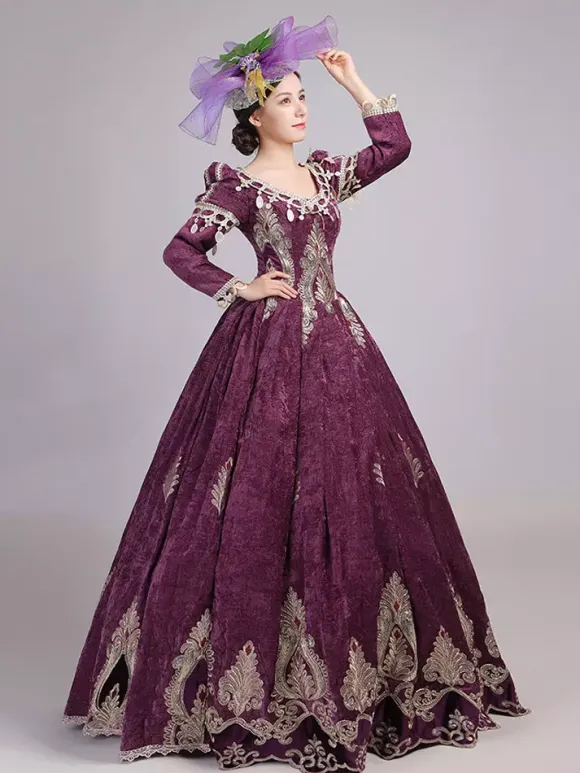 Burgundy Victorian Rococo Dress V-Neck Long Sleeves Ball Gown Dress