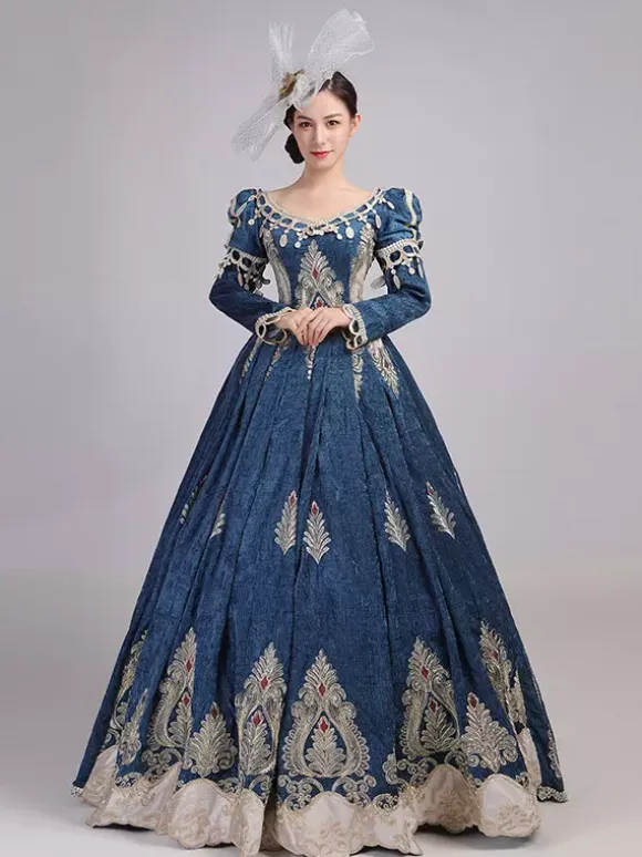 Burgundy Victorian Rococo Dress V-Neck Long Sleeves Ball Gown Dress