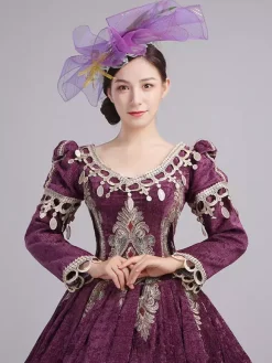 Burgundy Victorian Rococo Dress V-Neck Long Sleeves Ball Gown Dress