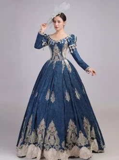 Burgundy Victorian Rococo Dress V-Neck Long Sleeves Ball Gown Dress