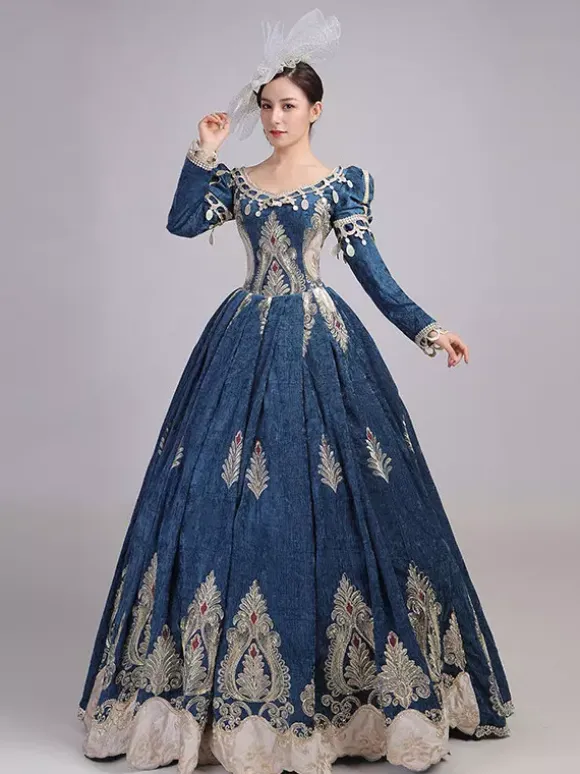 Burgundy Victorian Rococo Dress V-Neck Long Sleeves Ball Gown Dress