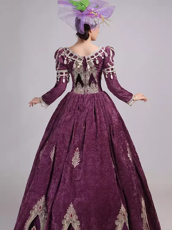 Burgundy Victorian Rococo Dress V-Neck Long Sleeves Ball Gown Dress