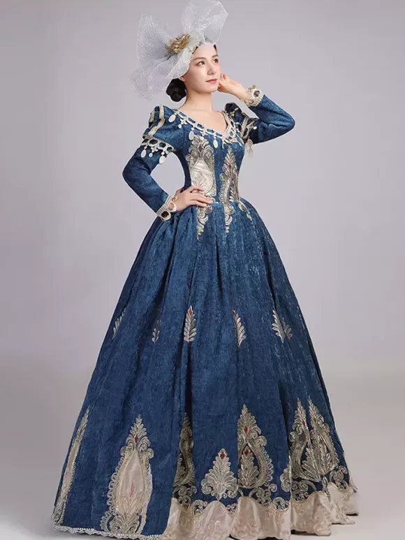 Burgundy Victorian Rococo Dress V-Neck Long Sleeves Ball Gown Dress