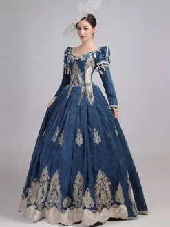 Burgundy Victorian Rococo Dress V-Neck Long Sleeves Ball Gown Dress