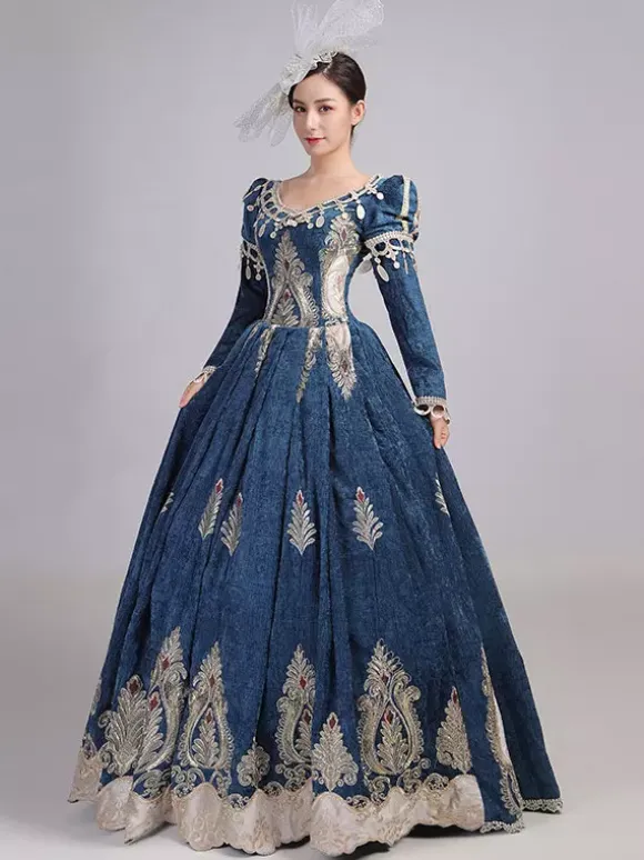 Burgundy Victorian Rococo Dress V-Neck Long Sleeves Ball Gown Dress