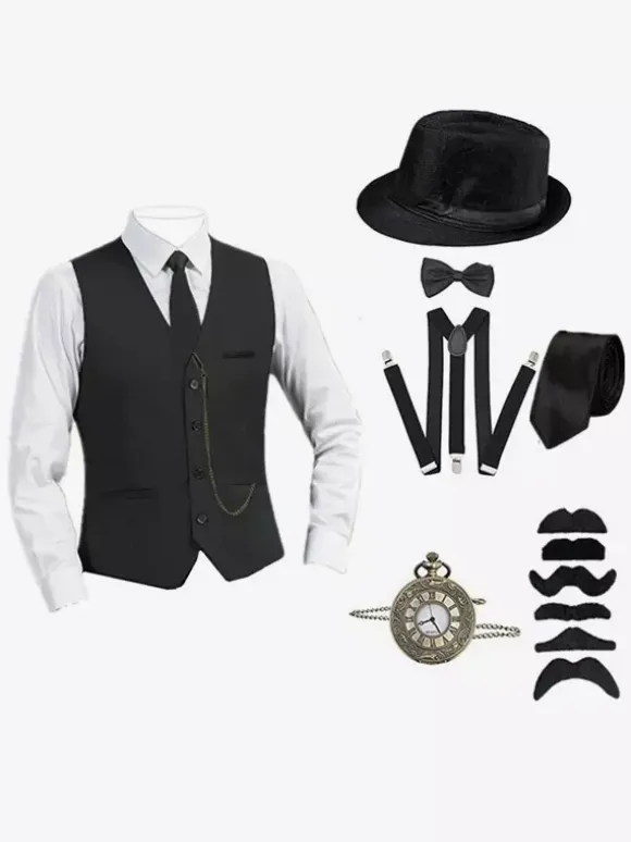 Burgundy Vintage Set Retro Long Sleeves Polyester Waistcoat Retro Costumes For Man