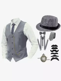 Burgundy Vintage Set Retro Long Sleeves Polyester Waistcoat Retro Costumes For Man