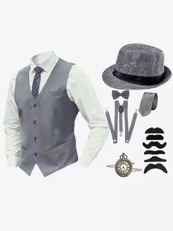 Burgundy Vintage Set Retro Long Sleeves Polyester Waistcoat Retro Costumes For Man