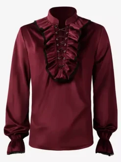 Burgundy Vintage Vintage Long Sleeves Top Retro Costumes For Man