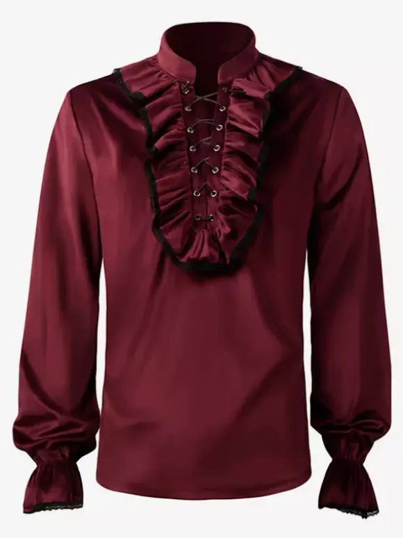 Burgundy Vintage Vintage Long Sleeves Top Retro Costumes For Man