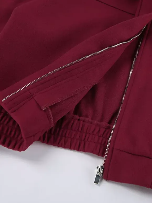 Burgundy Wine Red Minimal Collar Full Zip Elastic Cuff Waist Short Bomber Jacket