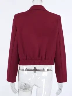 Burgundy Wine Red Minimal Collar Full Zip Elastic Cuff Waist Short Bomber Jacket