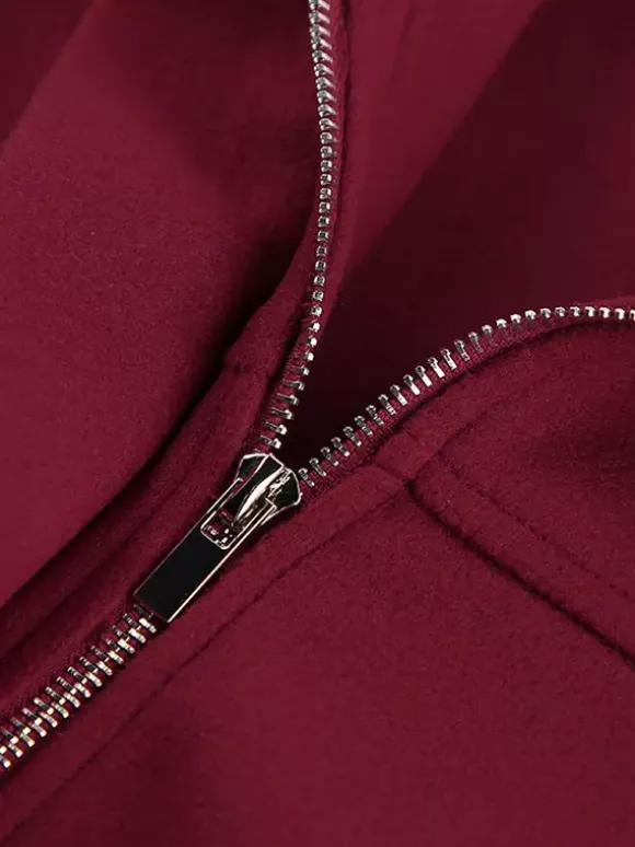 Burgundy Wine Red Minimal Collar Full Zip Elastic Cuff Waist Short Bomber Jacket