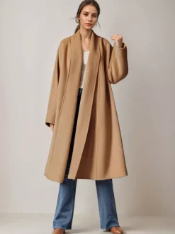 Burgundy Wool Cashmere Blend Wrap Coat For Woman Lapel Elegant Belted Double-Faced Winter Outerwear 2026