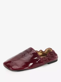 Burgundy Ballet Flats Genuine Leather Square Toe Slip On Flat Shoes