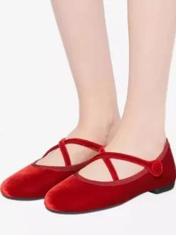 Burgundy Ballet Flats Women's Round Toe Velvet Criss Cross Ballerinas