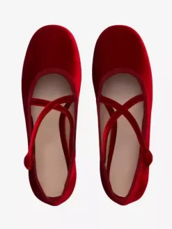 Burgundy Ballet Flats Women's Round Toe Velvet Criss Cross Ballerinas