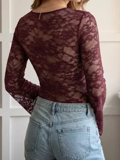 Burgundy Floral Lace Bodysuit Long Flare Sleeve V Neck Front Tie Sheer Mesh Sexy Jumpsuit