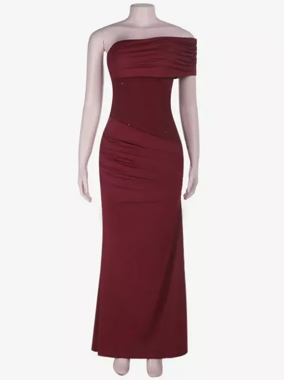 Burgundy One Shoulder Women's Maxi Gown - Elegant Ruched Bodycon Long Dress - Old Money Aesthetic Evening Party Wear 2026