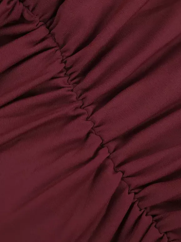 Burgundy One Shoulder Women's Maxi Gown - Elegant Ruched Bodycon Long Dress - Old Money Aesthetic Evening Party Wear 2026