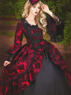 Burgundy Retro Tudor Dress Costumes Women's Lace Ruffles Polyester Tunic Dress Retro Marie Antoinette Costume Party Prom Dress