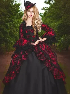 Burgundy Retro Tudor Dress Costumes Women's Lace Ruffles Polyester Tunic Dress Retro Marie Antoinette Costume Party Prom Dress