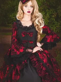 Burgundy Retro Tudor Dress Costumes Women's Lace Ruffles Polyester Tunic Dress Retro Marie Antoinette Costume Party Prom Dress