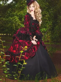 Burgundy Retro Tudor Dress Costumes Women's Lace Ruffles Polyester Tunic Dress Retro Marie Antoinette Costume Party Prom Dress
