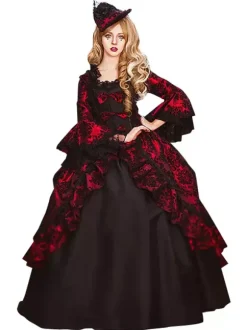 Burgundy Retro Tudor Dress Costumes Women's Lace Ruffles Polyester Tunic Dress Retro Marie Antoinette Costume Party Prom Dress