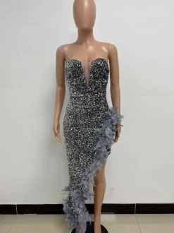 Burgundy Sequin Dresses Strapless Plunge Lace-up Back Feather Birthday Party Dresses
