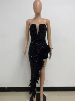 Burgundy Sequin Dresses Strapless Plunge Lace-up Back Feather Birthday Party Dresses