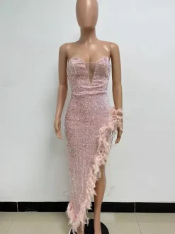 Burgundy Sequin Dresses Strapless Plunge Lace-up Back Feather Birthday Party Dresses