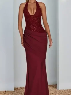 Burgundy Sequin Women Halter Maxi Dress - Elegant Ruched Bodycon Backless Mermaid Gown - Prom Party Outfit 2026